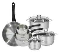 Batterie de cuisine avec 1 poêle 28 cm 3 casseroles 12/16/20 cm et 3 faitouts 16/20/24 cm en inox sans PFAS Fackelmann Généva Brillant