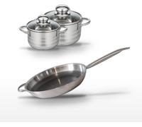 Batterie de cuisine avec 1 poêle 32 cm en acier et 2 faitouts 12/14 cm en inox sans PFAS Elo Collection Relief Solution Brillant