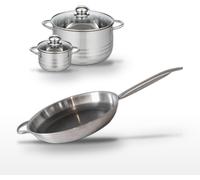 Batterie de cuisine avec 1 poêle de cuisson 32 cm et 2 faitouts 12/24 cm en acier et inox sans PFAS Elo Collection Relief Solution Brillant