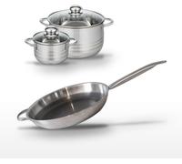 Batterie de cuisine avec 1 poêle de cuisson 32 cm et 2 faitouts 24/14 cm en inox sans PFAS Elo Collection Relief Solution Brillant