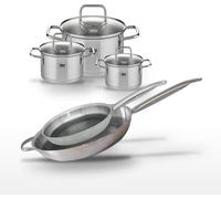 Batterie de cuisine avec 2 faitouts 12/14 cm et 1 faitout 20 cm et 1 poêle de cuisson 28/32 cm en inox sans PFAS Elo Collection Relief Solution Citrin