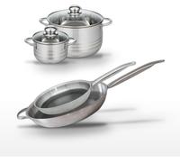 Batterie de cuisine avec 2 faitouts 14/24 cm et 2 poêles de cuisson 28/32 cm en inox et aluminium sans PFAS Elo Collection Relief Solution Brillant
