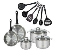 Batterie de cuisine avec 2 poêles 20/24 cm et 3 faitouts 16/20/24 cm avec 6 ustensiles de cuisine sans PFAS Fackelmann Généva Brillant Fénix