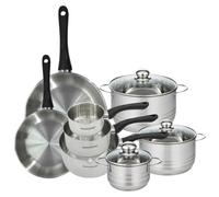 Batterie de cuisine avec 2 poêles 24/28 cm 3 casseroles 12/16/20 cm et 3 faitouts 16/20/24 cm en inox sans PFAS Fackelmann Généva Brillant