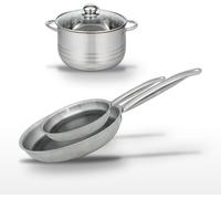 Batterie de cuisine avec 2 poêles 24/28 cm et 1 faitout 24 cm en inox et aluminium sans PFAS Elo Collection Relief Solution Brillant
