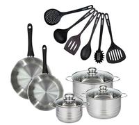 Batterie de cuisine avec 2 poêles 24/28 cm et 3 faitouts 16/20/24 cm avec 6 ustensiles de cuisine sans PFAS Fackelmann Généva Brillant Fénix