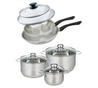 Batterie de cuisine avec 2 poêles 24/28 cm et 3 faitouts 16/20/24 cm sans PFAS Fackelmann Généva Brillant avec couvercles