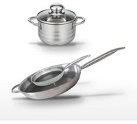 Batterie de cuisine avec 2 poêles 24/32 cm et 1 faitout 16 cm en inox sans PFAS Elo Collection Relief Solution Brillant