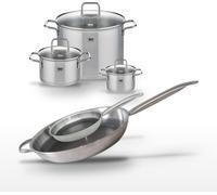Batterie de cuisine avec 2 poêles 24/32 cm et 3 faitouts 14/20/26 cm en inox sans PFAS Elo Collection Relief Solution Citrin