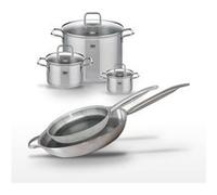 Batterie de cuisine avec 2 poêles 28/32 cm et 3 faitouts 14/20/26 cm en inox avec 6 ustensiles de cuisine Elo Collection Relief Solution Citrin Aluminium