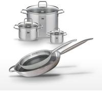 Batterie de cuisine avec 2 poêles 28/32 cm et 3 faitouts 14/20/26 cm en inox avec 6 ustensiles de cuisine Elo Collection Relief Solution Citrin