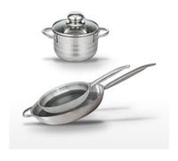 Batterie de cuisine avec 2 poêles de 28/32 cm et 1 faitout de 16 cm en inox sans PFAS Elo Collection Relief Solution Brillant Aluminium|Noir