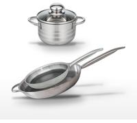 Batterie de cuisine avec 2 poêles de 28/32 cm et 1 faitout de 16 cm en inox sans PFAS Elo Collection Relief Solution Brillant