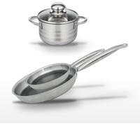 Batterie de cuisine avec 2 poêles de cuisson 24/28 cm et 1 faitout 12 cm en inox sans PFAS Elo Collection Relief Solution Brillant
