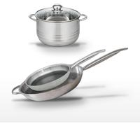 Batterie de cuisine avec 2 poêles de cuisson 28/32 cm et 1 faitout 24 cm en inox sans PFAS Elo Collection Relief Solution Brillant