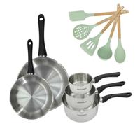 Batterie de cuisine avec 3 casseroles 12/16/20 cm et 2 poêles 24/28 cm et 5 ustensiles de cuisine sans PFAS Fackelmann Généva Océan