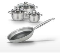 Batterie de cuisine avec 3 faitouts 14/16/24 cm et 1 poêle de cuisson 28 cm en inox sans PFAS Elo Collection Relief Solution Brillant