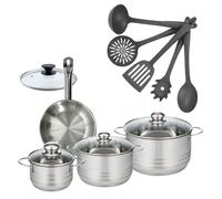 Batterie de cuisine avec 3 faitouts 16/20/24 cm 1 poêle 20 cm et 6 ustensiles de cuisine sans PFAS Fackelmann Etherna Brillant Clip avec couvercles
