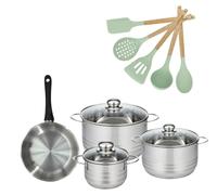 Batterie de cuisine avec 3 faitouts 16/20/24 cm et 1 poêle 20 cm avec 5 ustensiles de cuisine Fackelmann Généva Brillant Ocean