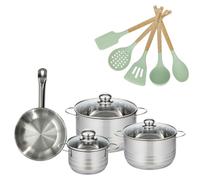 Batterie de cuisine avec 3 faitouts 16/20/24 cm et 1 poêle 20 cm avec 5 ustensiles de cuisine sans PFAS Fackelmann Etherna Brillant Fenix Océan