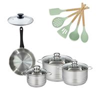 Batterie de cuisine avec 3 faitouts 16/20/24 cm et 1 poêle 20 cm avec 6 ustensiles de cuisine Fackelmann Généva Brillant Ocean avec couvercles