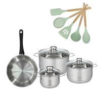 Batterie de cuisine avec 3 faitouts 16/20/24 cm et 1 poêle 24 cm avec 5 ustensiles de cuisine Fackelmann Généva Brillant Ocean