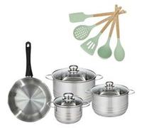 Batterie de cuisine avec 3 faitouts 16/20/24 cm et 1 poêle 24 cm avec 5 ustensiles de cuisine Fackelmann Généva Brillant Ocean