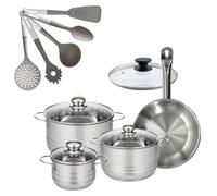 Batterie de cuisine avec 3 faitouts 16/20/24 cm et 1 poêle 24 cm avec 6 ustensiles de cuisine Fackelmann Etherna Brillant Vario avec couvercles