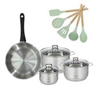 Batterie de cuisine avec 3 faitouts 16/20/24 cm et 1 poêle 28 cm avec 5 ustensiles de cuisine Fackelmann Généva Brillant Ocean