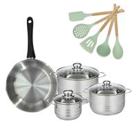 Batterie de cuisine avec 3 faitouts 16/20/24 cm et 1 poêle 28 cm avec 5 ustensiles de cuisine Fackelmann Généva Brillant Ocean