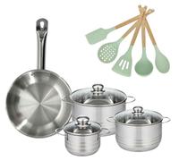 Batterie de cuisine avec 3 faitouts 16/20/24 cm et 1 poêle 28 cm avec 5 ustensiles de cuisine Fackelmann Etherna Brillant Fenix Océan