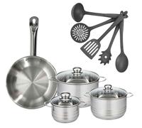 Batterie de cuisine avec 3 faitouts 16/20/24 cm et 1 poêle 28 cm avec 5 ustensiles de cuisine sans PFAS Fackelmann Etherna Brillant Clip