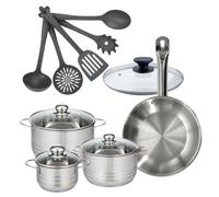 Batterie de cuisine avec 3 faitouts 16/20/24 cm et 1 poêle 28 cm avec 6 ustensiles de cuisine Fackelmann Etherna Brillant Clip avec couvercles