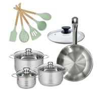 Batterie de cuisine avec 3 faitouts 16/20/24 cm et 1 poêle 28 cm avec 6 ustensiles de cuisine Fackelmann Etherna Brillant Fenix Océan avec couvercles