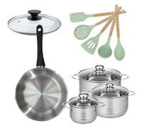 Batterie de cuisine avec 3 faitouts 16/20/24 cm et 1 poêle 28 cm avec 6 ustensiles de cuisine Fackelmann Généva Brillant Ocean avec couvercles