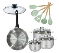 Batterie de cuisine avec 3 faitouts 16/20/24 cm et 1 poêle 28 cm avec 6 ustensiles de cuisine Fackelmann Généva Brillant Ocean avec couvercles