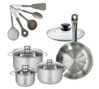 Batterie de cuisine avec 3 faitouts 16/20/24 cm et 1 poêle 28 cm avec 6 ustensiles de cuisine Fackelmann Etherna Brillant Vario avec couvercles