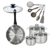 Batterie de cuisine avec 3 faitouts 16/20/24 cm et 1 poêle 28 cm sans PFAS et 6 ustensiles de cuisine Fackelmann Généva Brillant Vario avec couvercles