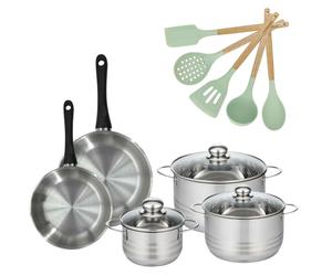 Batterie de cuisine avec 3 faitouts 16/20/24 cm et 2 poêles 20/24 cm avec 5 ustensiles de cuisine Fackelmann Généva Brillant Ocean