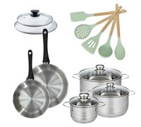 Batterie de cuisine avec 3 faitouts 16/20/24 cm et 2 poêles 20/24 cm avec 7 ustensiles de cuisine Fackelmann Généva Brillant Ocean avec couvercles