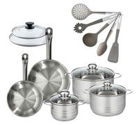 Batterie de cuisine avec 3 faitouts 16/20/24 cm et 2 poêles 20/24 cm avec 7 ustensiles de cuisine Fackelmann Etherna Brillant Vario avec couvercles