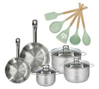 Batterie de cuisine avec 3 faitouts 16/20/24 cm et 2 poêles 20/24 cm et 5 ustensiles de cuisine sans PFAS Fackelmann Etherna Brillant Fenix Océan