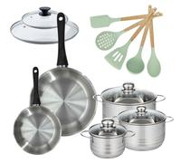 Batterie de cuisine avec 3 faitouts 16/20/24 cm et 2 poêles 20/28 cm avec 7 ustensiles de cuisine Fackelmann Généva Brillant Ocean avec couvercles