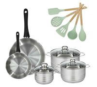 Batterie de cuisine avec 3 faitouts 16/20/24 cm et 2 poêles 20/28 cm et 5 ustensiles de cuisine sans PFAS Fackelmann Généva Brillant Ocean