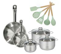 Batterie de cuisine avec 3 faitouts 16/20/24 cm et 2 poêles 20/28 cm et 5 ustensiles de cuisine sans PFAS Fackelmann Etherna Brillant Fenix Océan