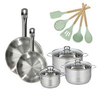 Batterie de cuisine avec 3 faitouts 16/20/24 cm et 2 poêles 24/28 cm avec 5 ustensiles de cuisine Fackelmann Etherna Brillant Fenix Océan