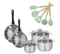 Batterie de cuisine avec 3 faitouts 16/20/24 cm et 2 poêles 24/28 cm avec 5 ustensiles de cuisine sans PFAS Fackelmann Généva Brillant Ocean