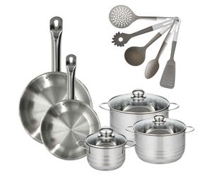 Batterie de cuisine avec 3 faitouts 16/20/24 cm et 2 poêles 24/28 cm avec 5 ustensiles de cuisine sans PFAS Fackelmann Etherna Brillant Vario