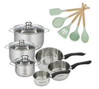 Batterie de cuisine avec 3 faitouts 16/20/24 cm et 3 casseroles 12/16/20 cm avec 5 ustensiles de cuisine sans PFAS Fackelmann Généva Brillant Ocean