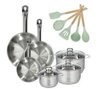 Batterie de cuisine avec 3 faitouts 16/20/24 cm et 3 poêles 20/24/28 cm avec 5 ustensiles de cuisine Fackelmann Etherna Brillant Fenix Océan